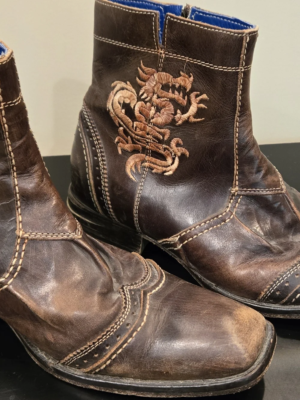 Mark Nason Brown Leather Chukka Boots with Tan Dragon Embroidery